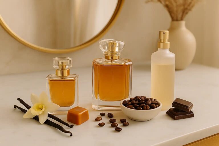 Frascos de perfumes gourmand sobre bancada elegante, ao lado de grãos de café, baunilha, chocolate e caramelo — símbolos das notas doces e sofisticadas dessas fragrâncias.